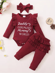 3pcs Baby Girls Letter Print Ruffle Bodysuit Set & Headband