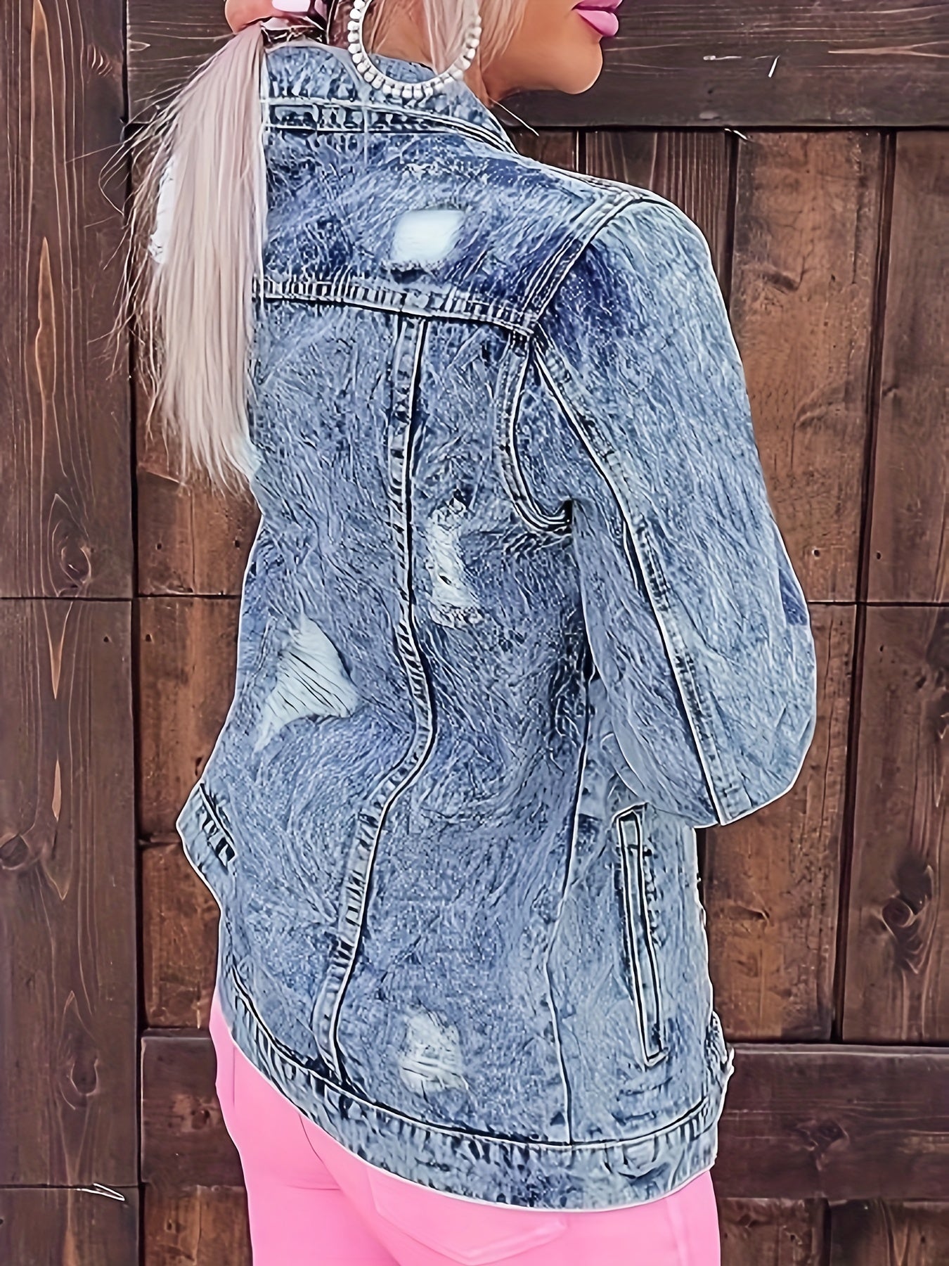 Ripped Holes Denim Jacket Long Sleeves Flap Pockets Lapel Women's Denim Coats