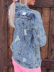 Ripped Holes Denim Jacket Long Sleeves Flap Pockets Lapel Women's Denim Coats