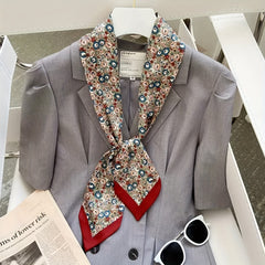 Red Floral Print Skinny Scarf Silk Hair Ribbon Neckerchief Twilly