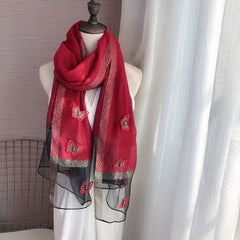 Plaid Pattern Scarf Butterfly & Faux Pearl Decor Shawl Wrap Head Wrap