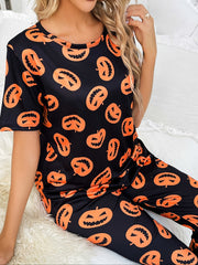 Pumpkin Print Pajama Set Short Sleeve Crew Neck Top