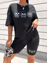 Skull Print Two piece Set Short Sleeve T shirt & Skinny Shorts