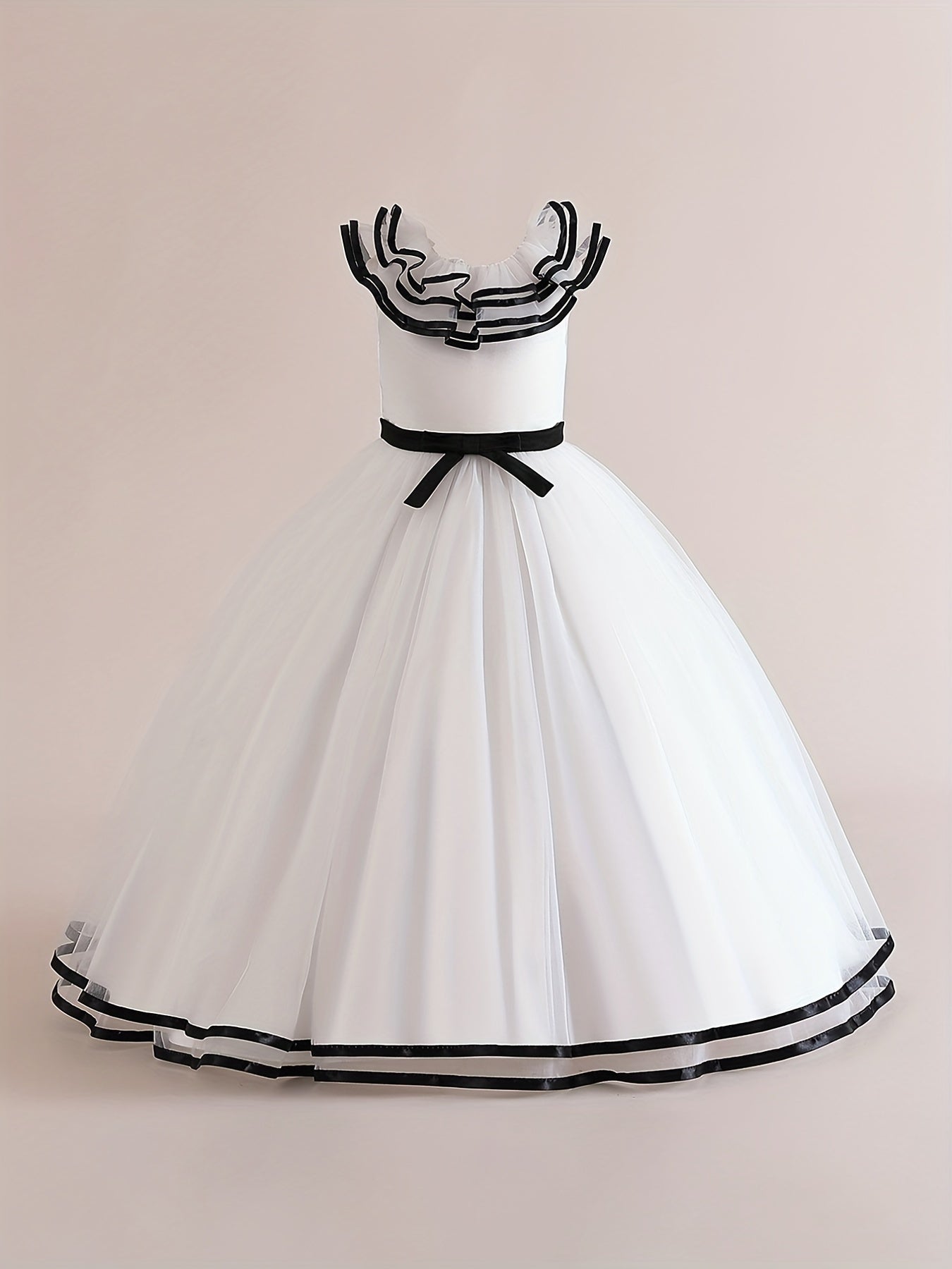 Girls Satin & Tulle Ruffle Collar Maxi Ball Gown