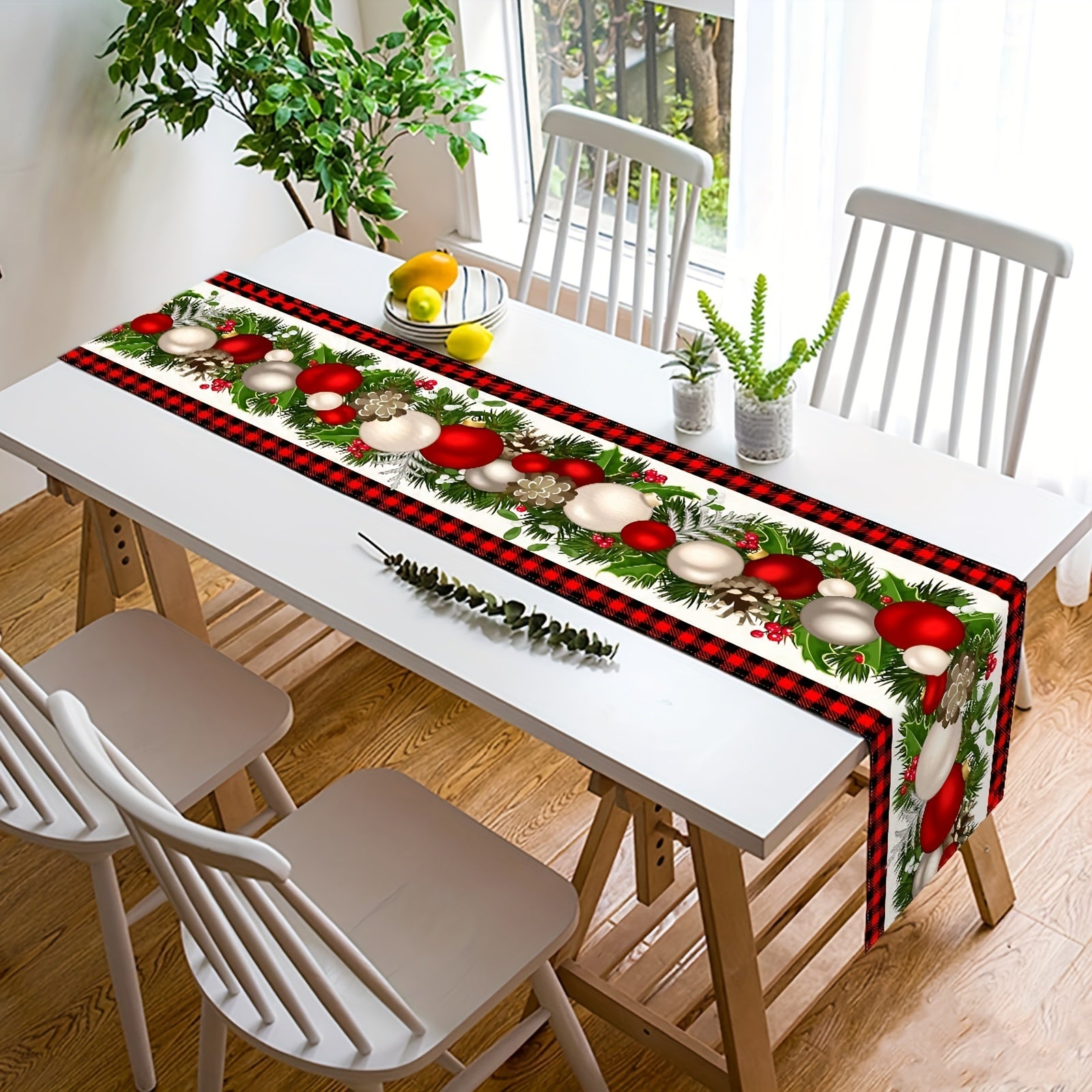 2pcs Christmas Table Decor Polyester Runner & Placemats Red Plaid Pattern Cover