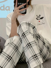 Panda Print Pajama Set Short Sleeve Top & Plaid Pants