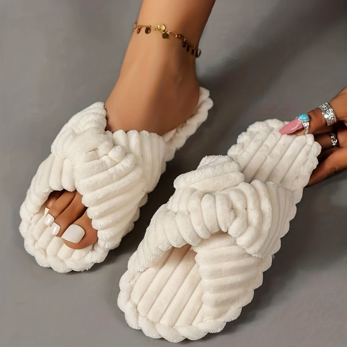 Women's Solid Home Slippers Open Toe Cross Strap Bedroom Shoes