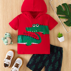 2pcs Boys Dinosaur Print Hooded Tees & Shorts Set for Summer