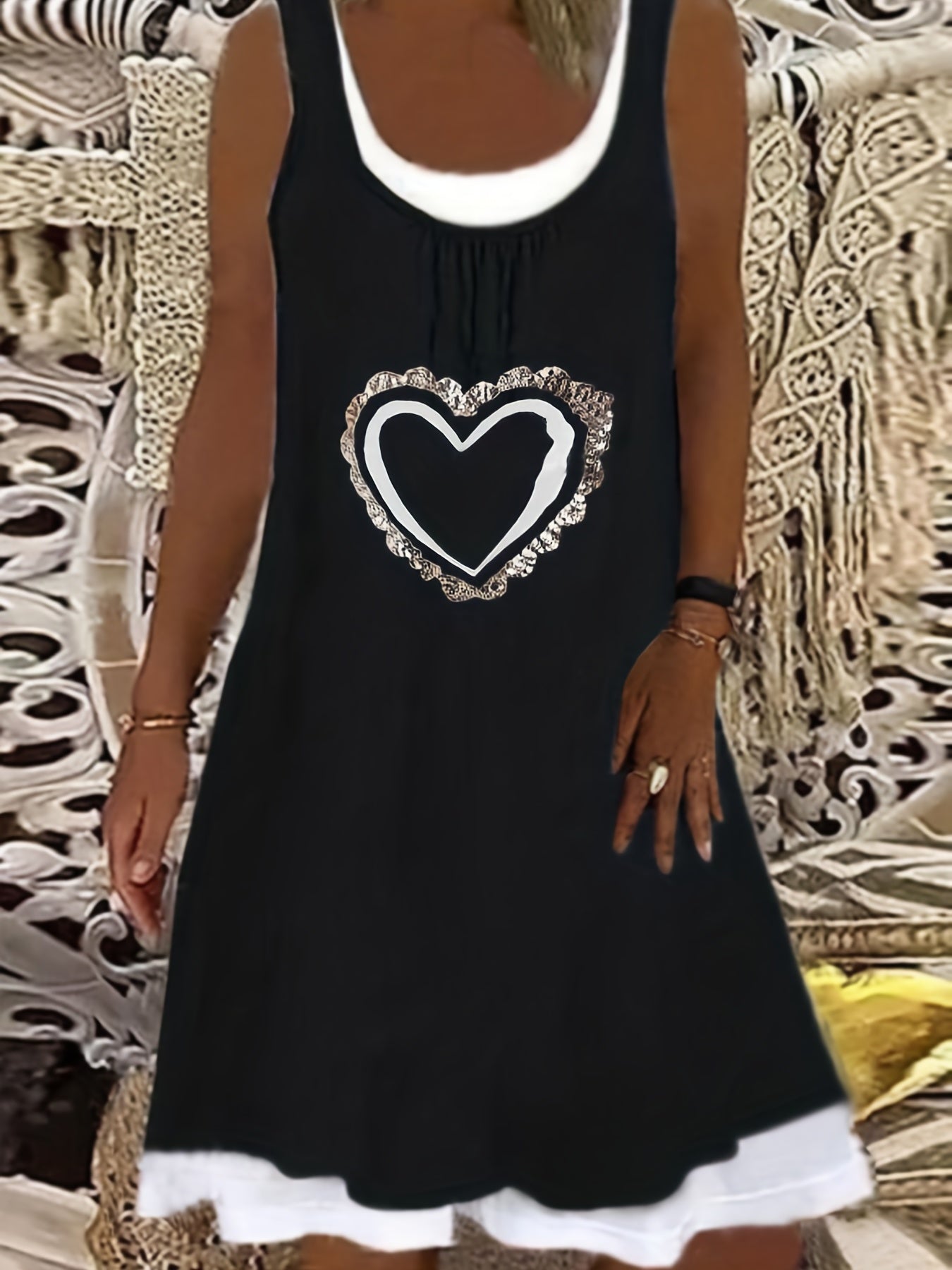 Heart Print Tank Dress Women's Plus Layered Round Neck Dress