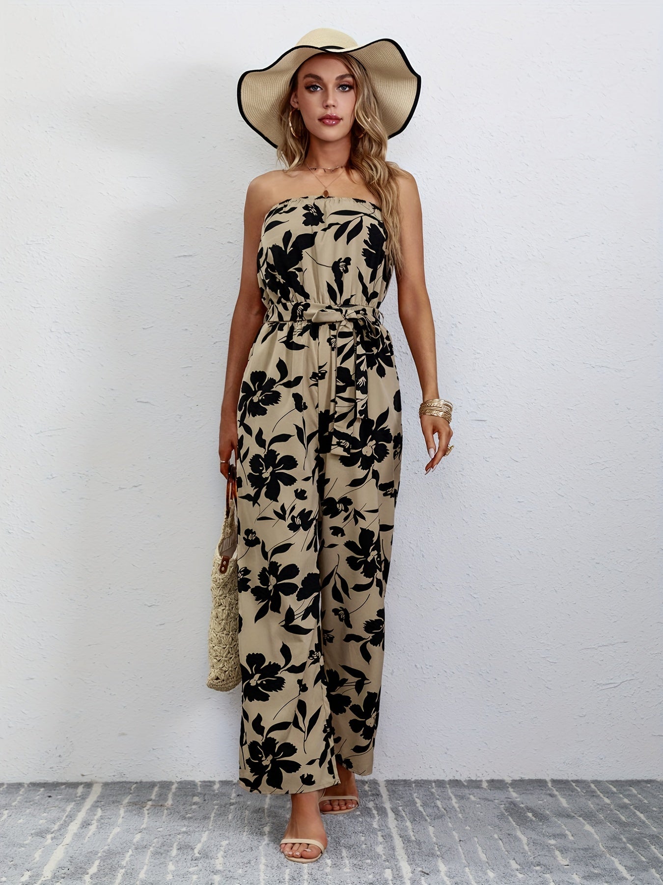 Floral Print Wide Leg Tube Jumpsuit for Women