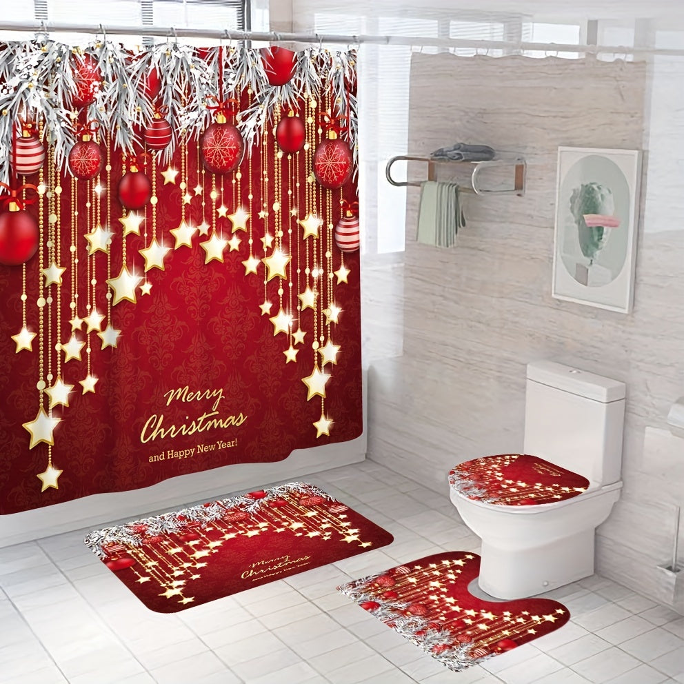 Christmas Style Shower Curtain Set with Non-Slip Bathroom Rug