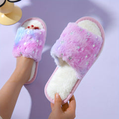 Women's Bling Star Fluffy Slippers Cozy & Warm Open Toe Indoor Shoes