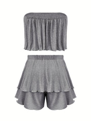 Casual Two Piece Set: Ruched Tube Top & Shorts