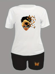 Figure Print Short Sleeve T shirt & Butterfly Print Shorts Set