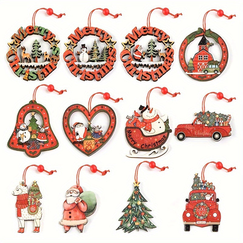 12pcs Wooden Christmas Tree Ornaments Cartoon Santa Claus Snowman