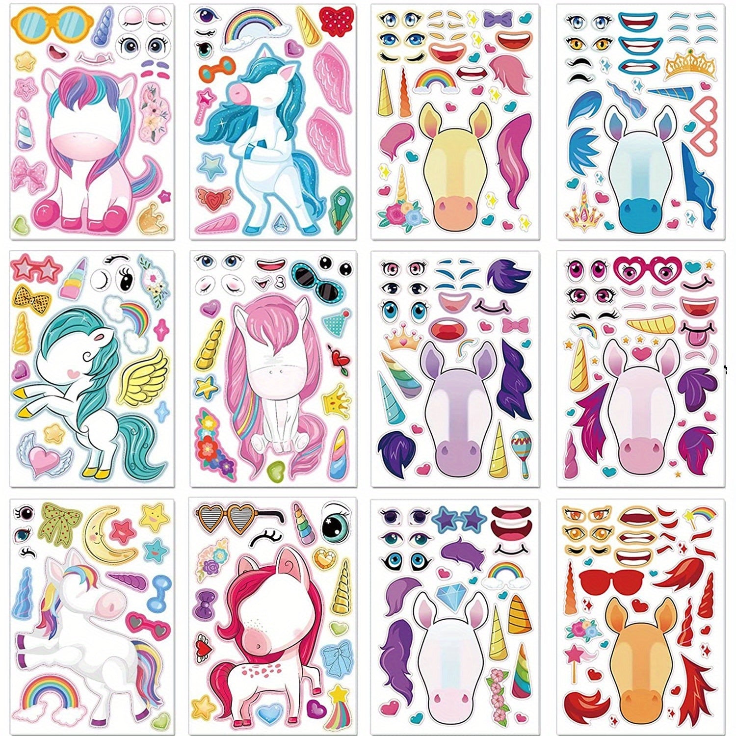 24pcs Unicorn Face Sticker Set DIY Craft Make Your Own Party Favor Supplies