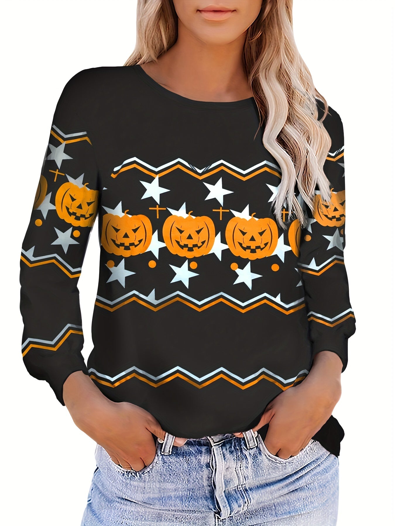 Halloween Pumpkin Print Pullover Sweatshirt for Women