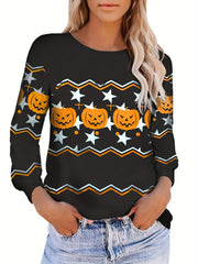 Halloween Pumpkin Print Pullover Sweatshirt for Women