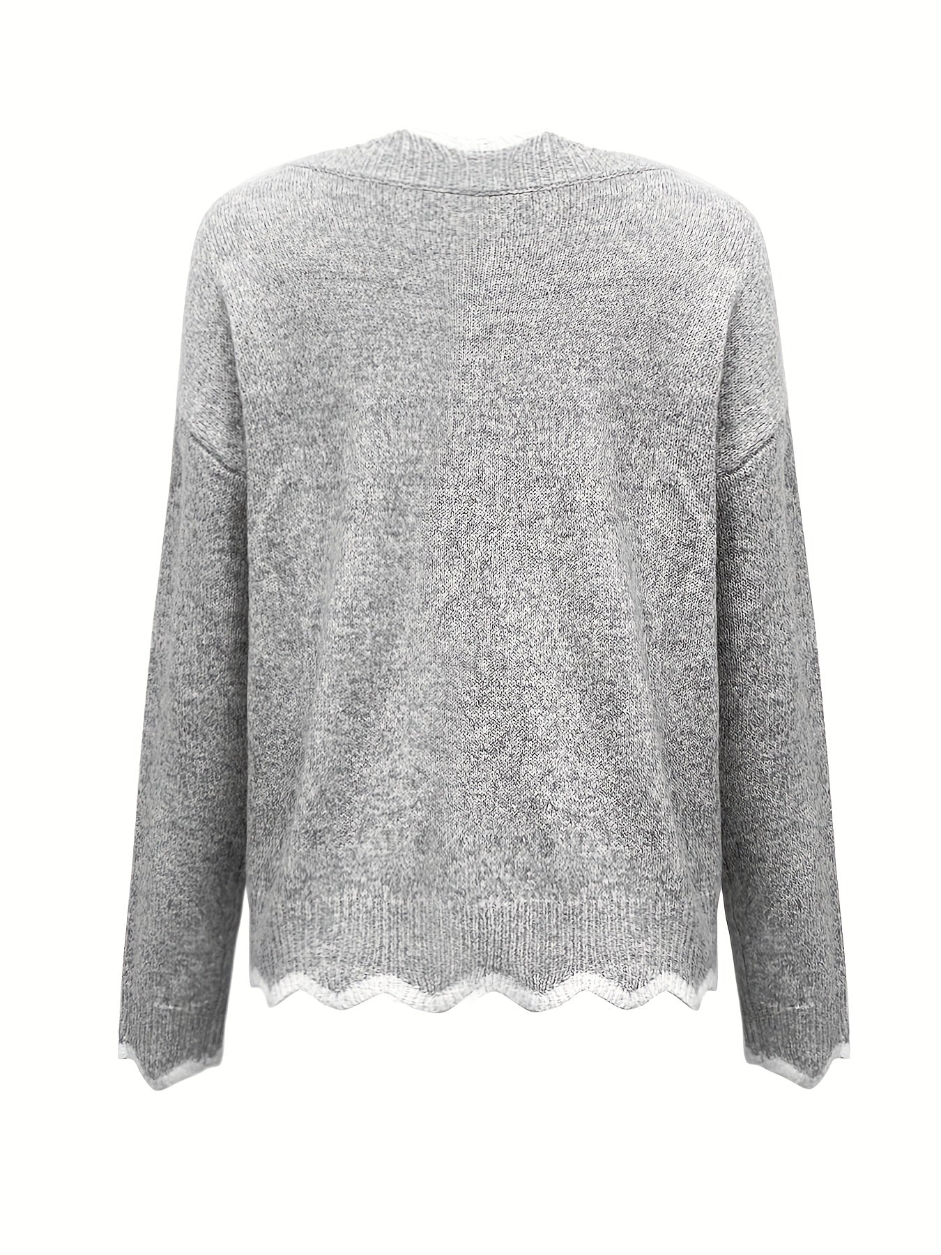 Scallop Trim Knit Sweater V Neck Long Sleeve Casual Women's Clothing