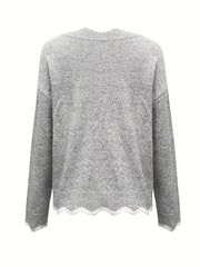 Scallop Trim Knit Sweater V Neck Long Sleeve Casual Women's Clothing