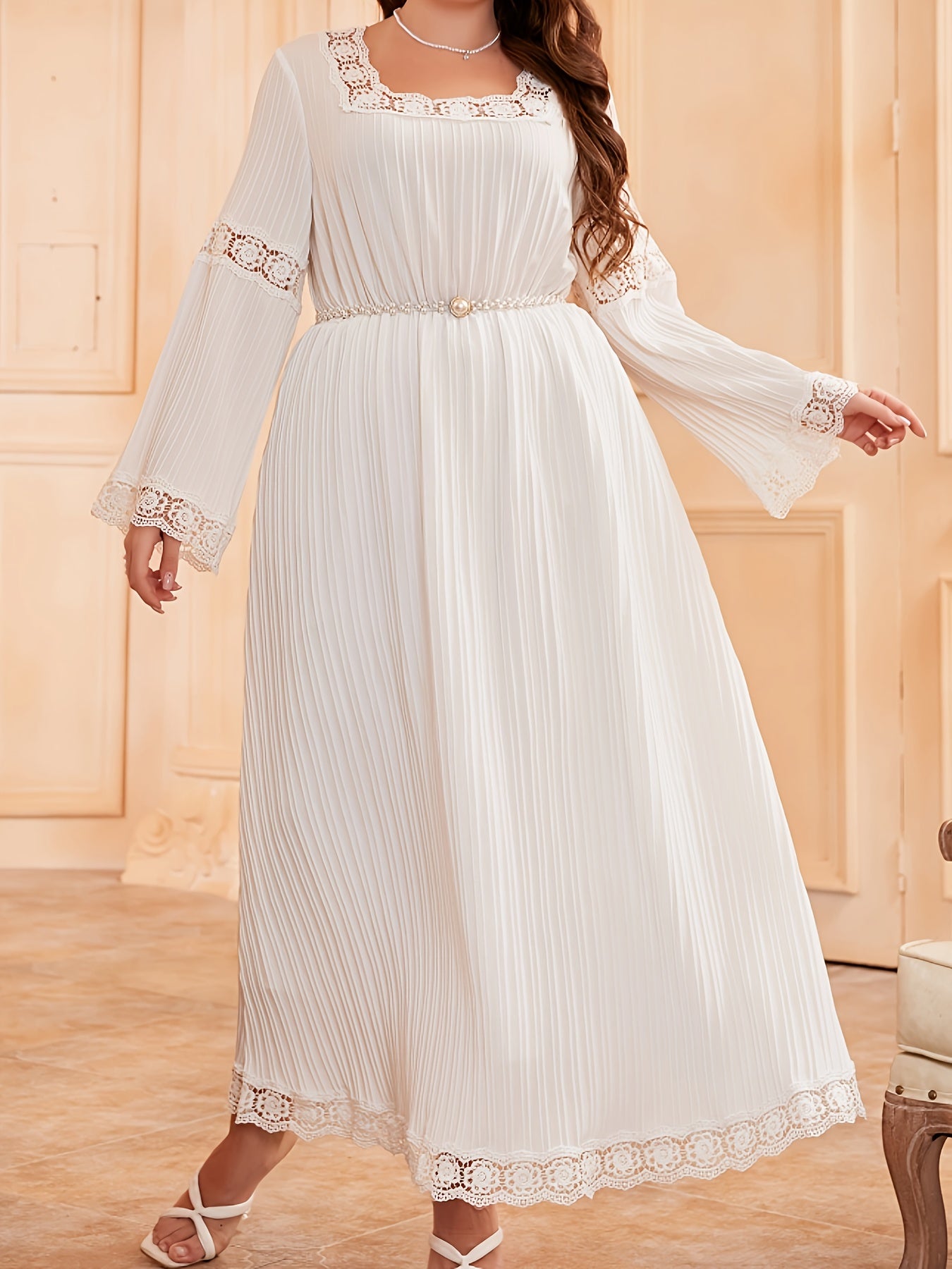 Solid Ribbed Lace Trim Maxi Dress