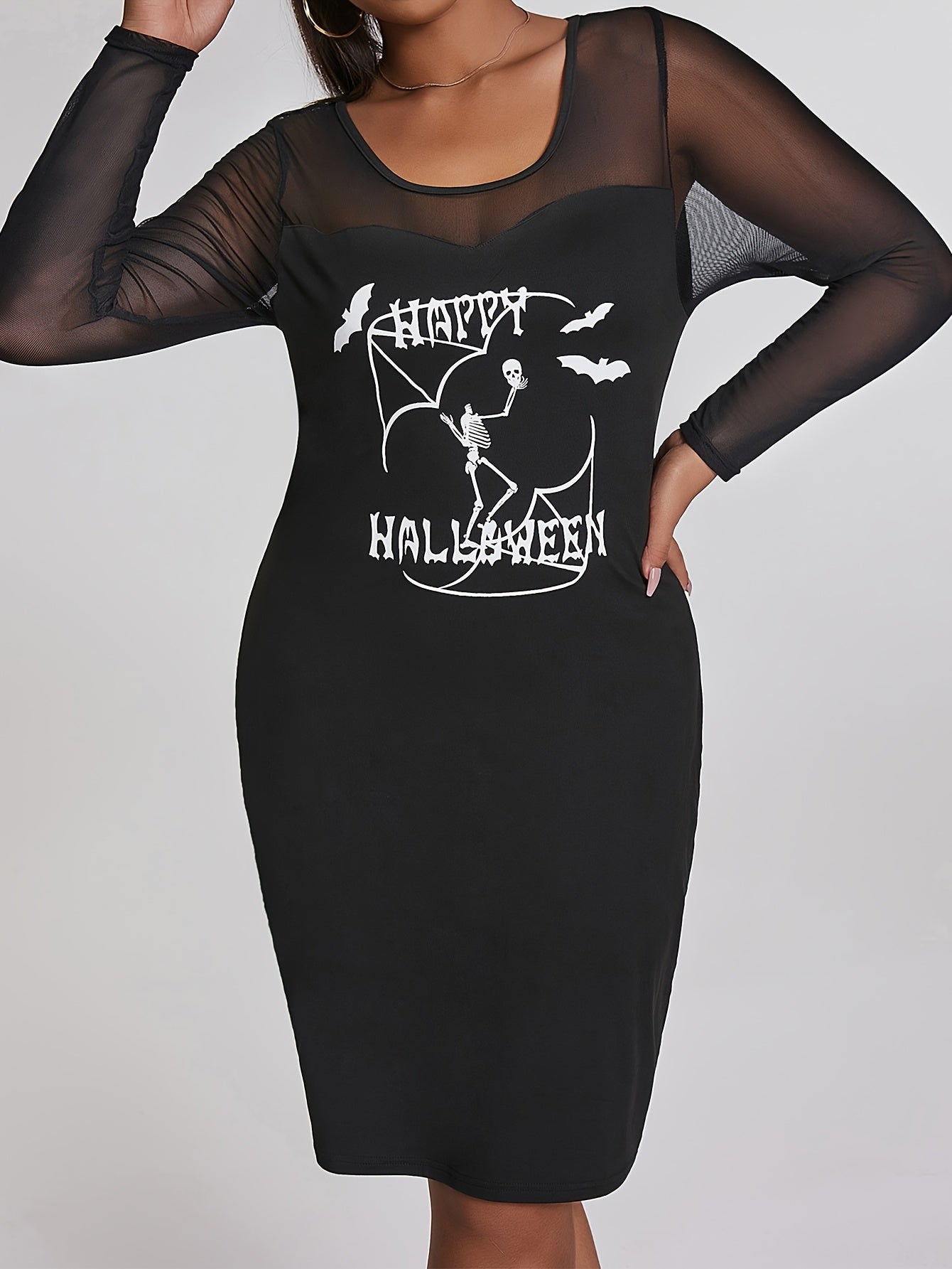 Halloween Party Dress Women's Plus Skull & Bat Print Mesh Dress