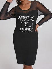Halloween Party Dress Women's Plus Skull & Bat Print Mesh Dress