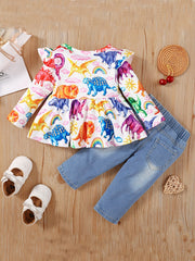 2pcs Baby Girls Forest Animal Print Top Ripped Patched Jeans Set