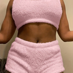 Plush Pajama Set Sleeveless Tank Top & Shorts PJ Set Women's Sleepwear