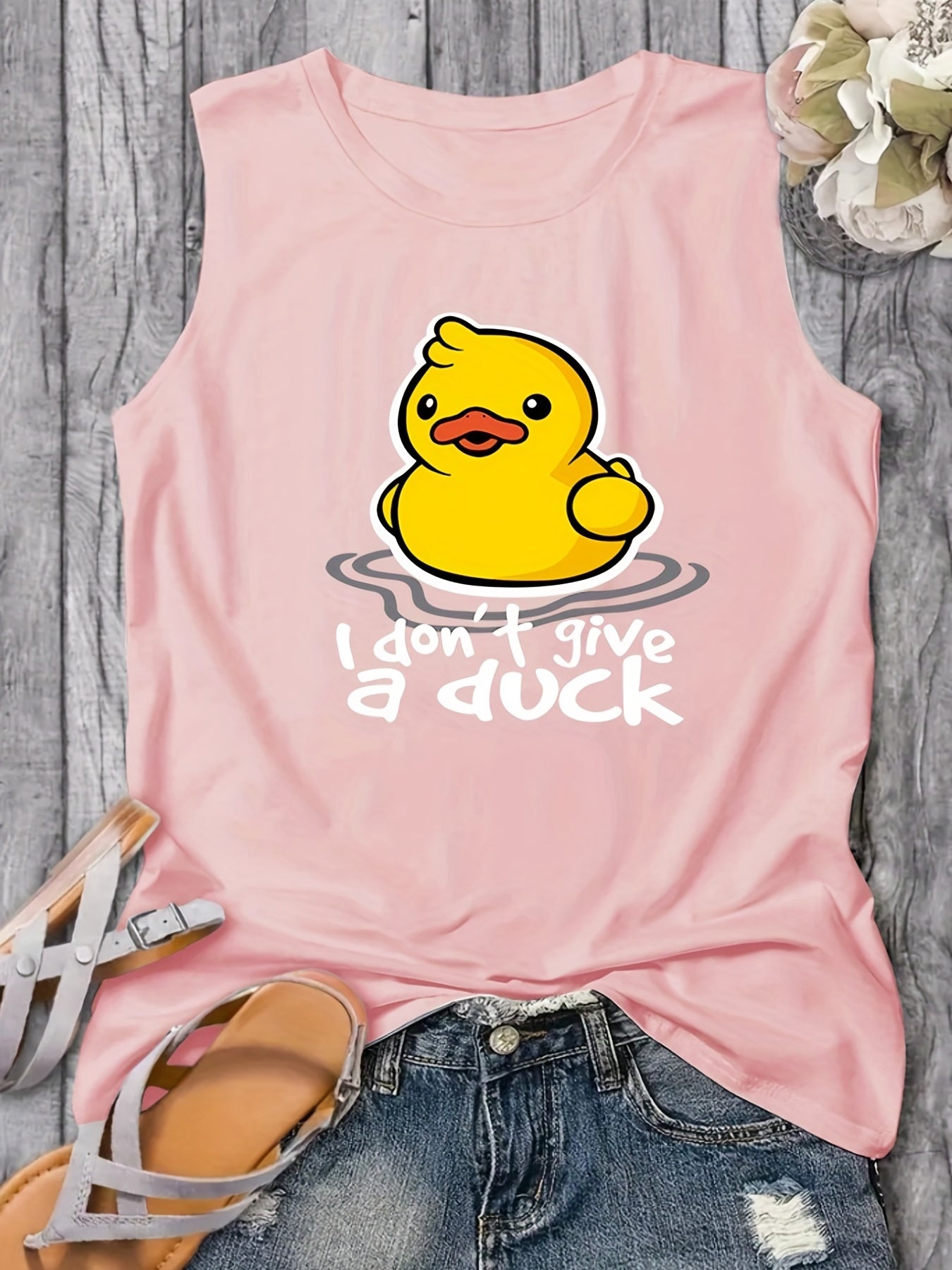 Duck Print Tank Top, Sleeveless Summer Casual Top
