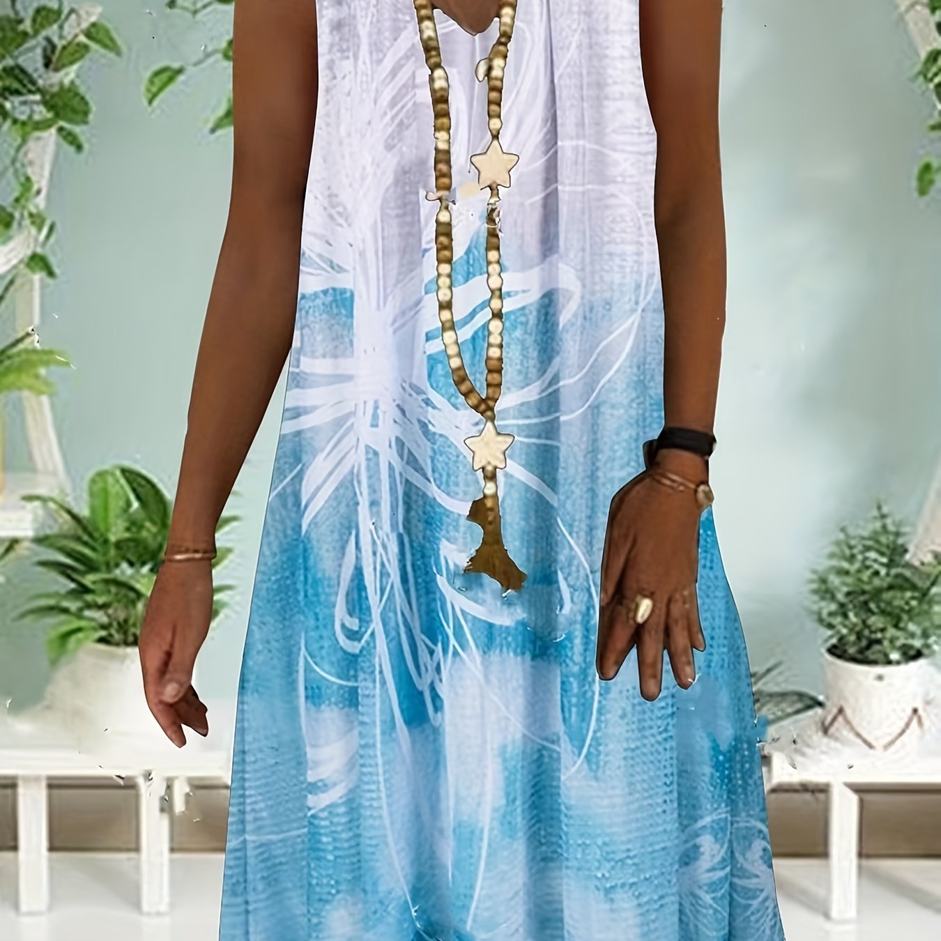 Floral & Ombre Print Tank Dress V Neck Stretch Knee Length