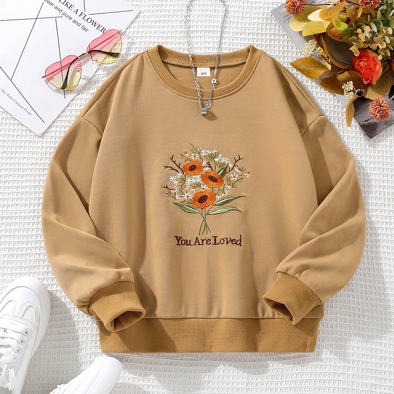 Girls Flower Embroidered Crew Neck Sweatshirt for Spring Fall