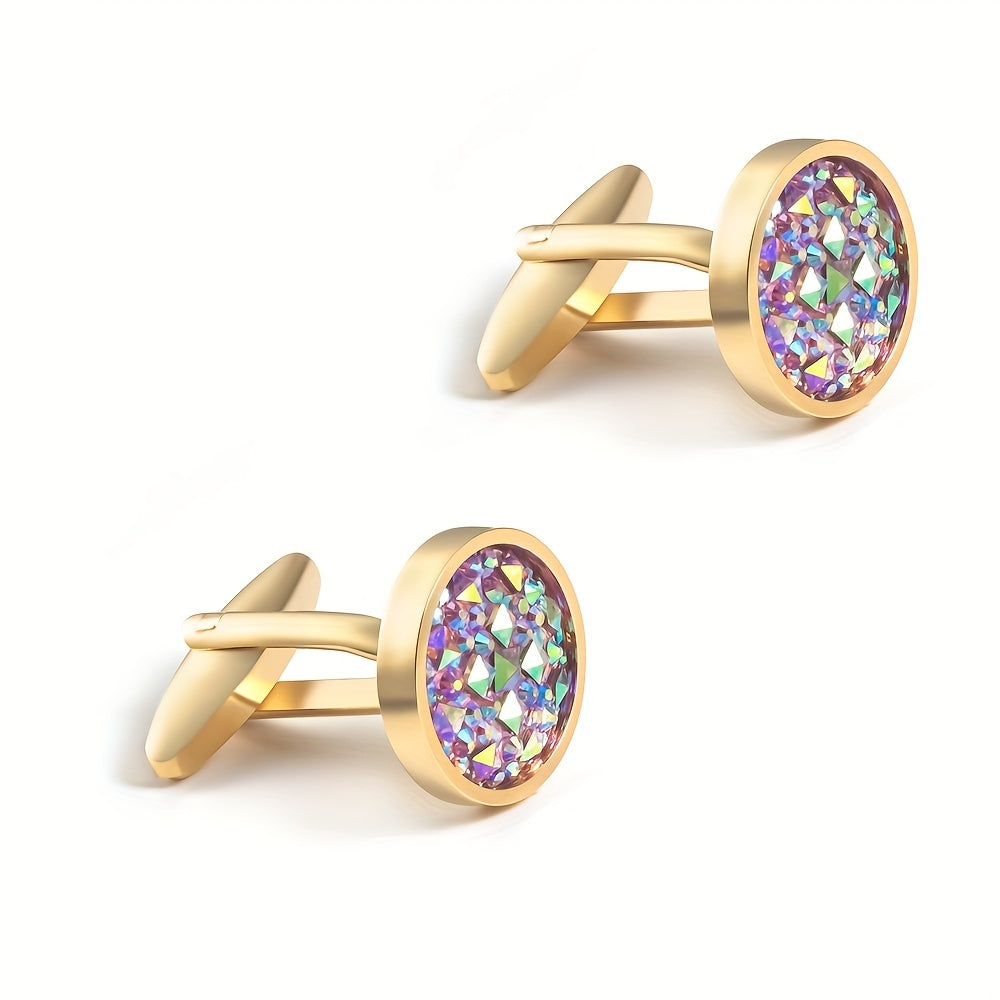 Gold Rhinestone French Cufflinks - Round Cuff Studs