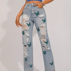 Y2K Butterfly Print Ripped Straight Jeans Vintage Distressed Denim Pants
