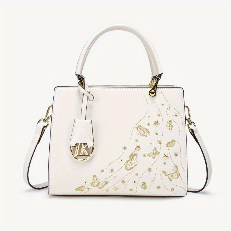 Geometric Floral Crossbody Bag Golden Tone Zipper Closure Polyester Lining