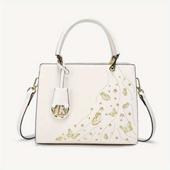Geometric Floral Crossbody Bag Golden Tone Zipper Closure Polyester Lining