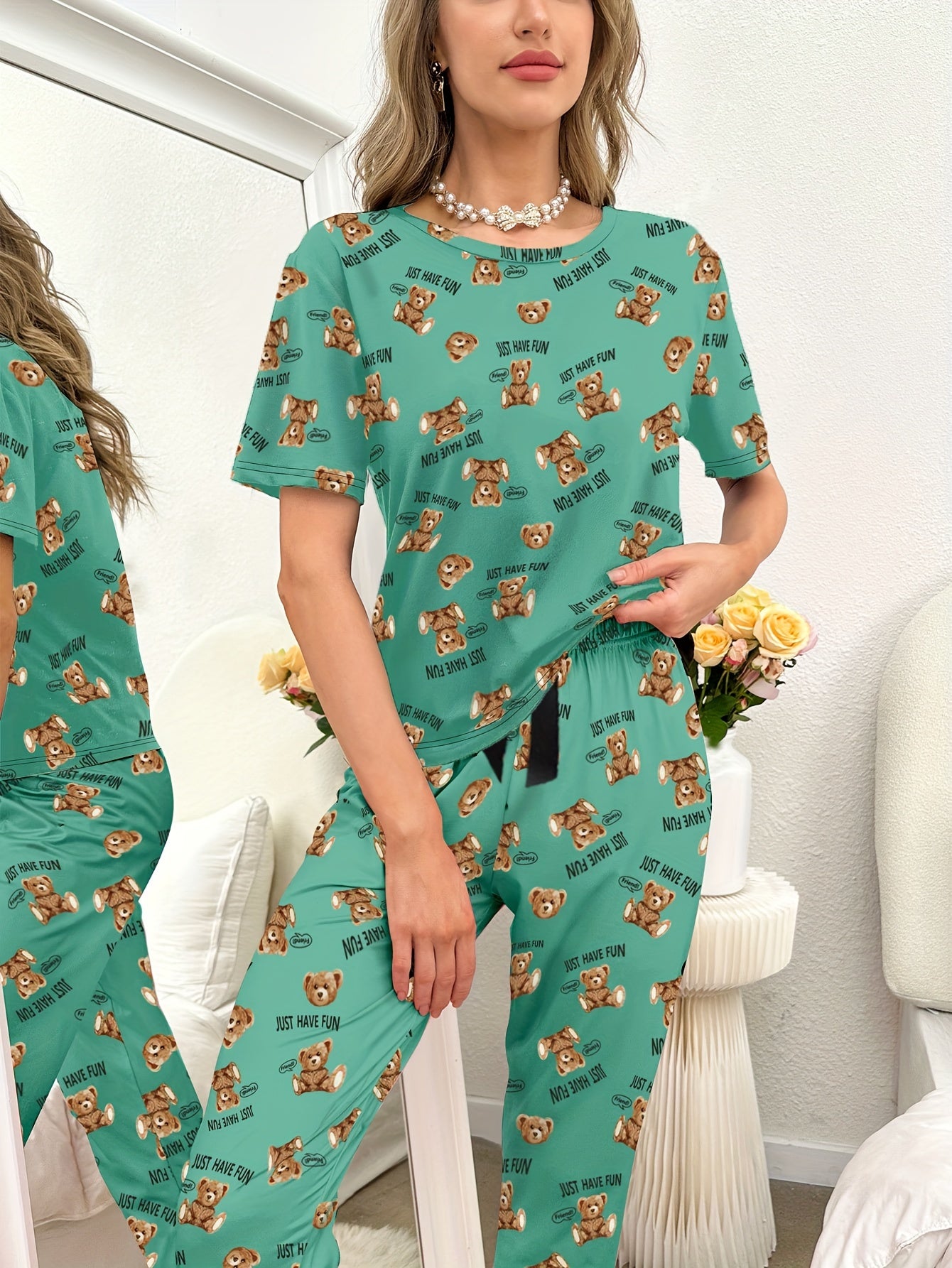 Bear Print Pajama Set Short Sleeve Crew Neck Top & Pants