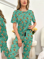 Bear Print Pajama Set Short Sleeve Crew Neck Top & Pants