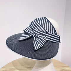 Striped Ponytail Sun Hat Straw Visor Bowknot Beach Hat for Women