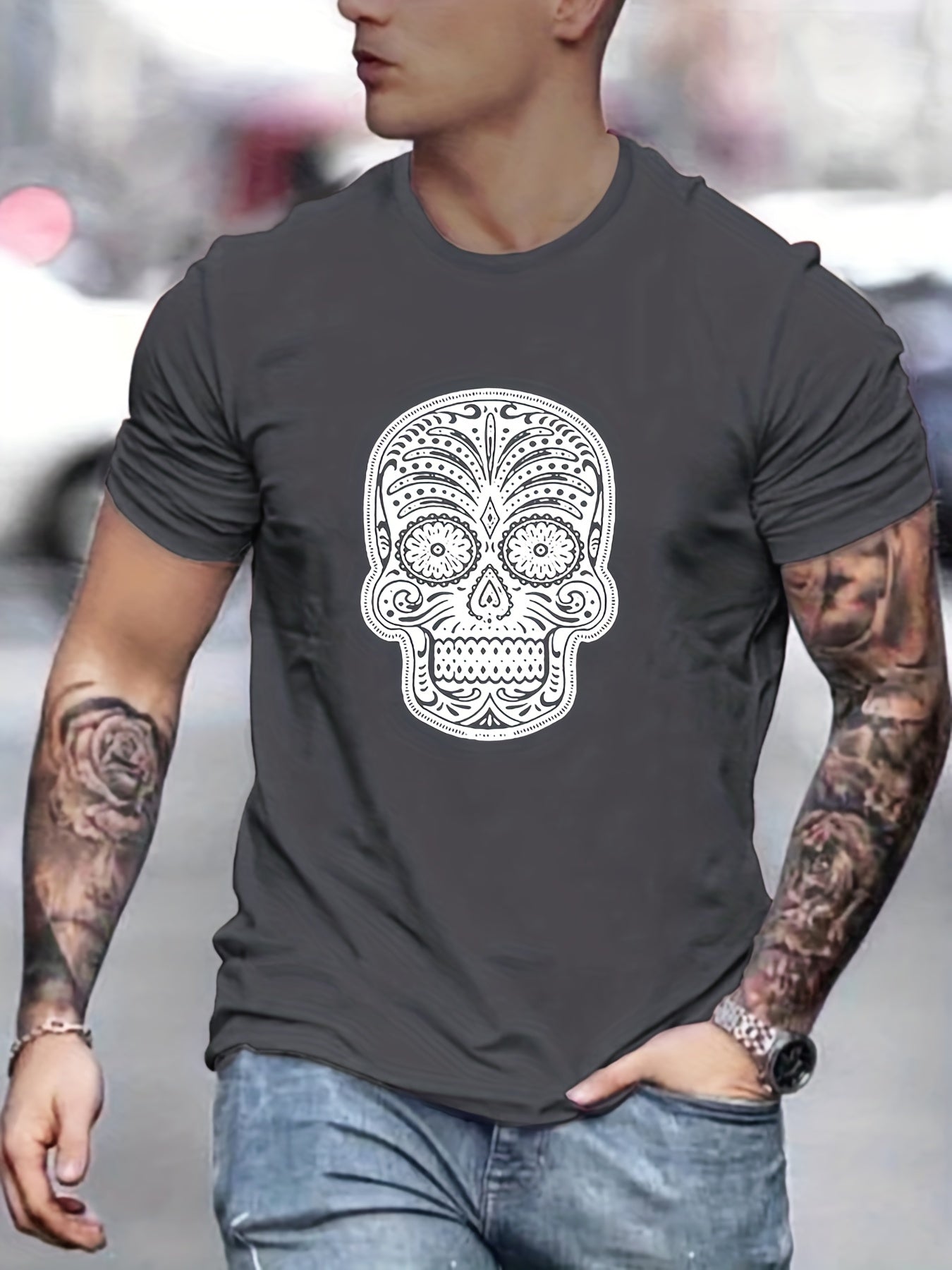 Men's Floral Skull Graphic T shirt Casual Tee for Summer