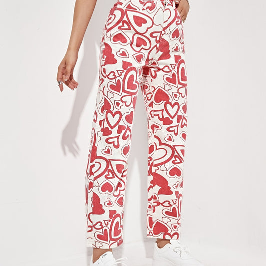 Heart Pattern High Waist Wide Leg Jeans Loose Fit Denim Pants