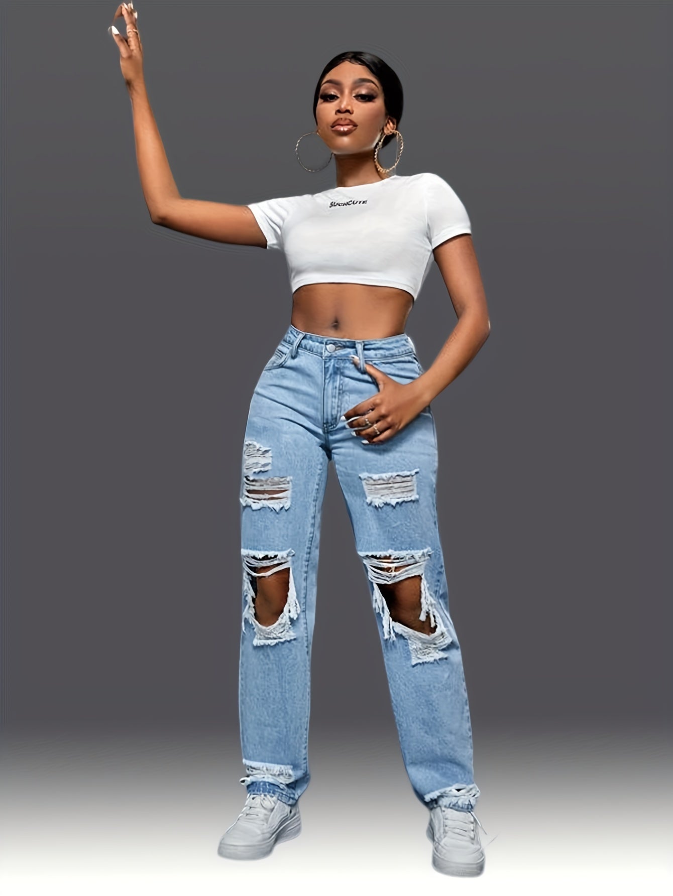 Distressed Boyfriend Style Wide Legs Women's Jeans