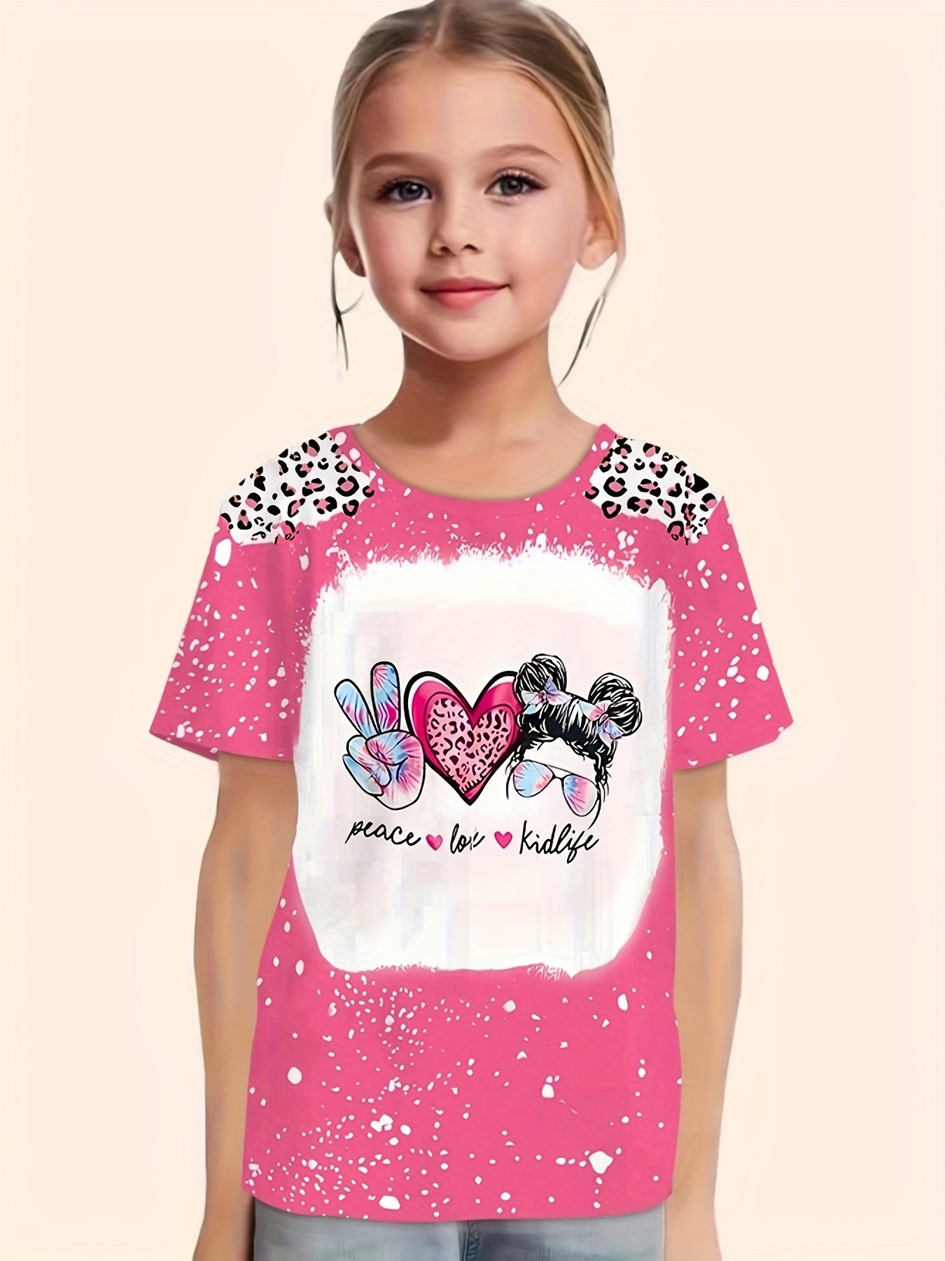 PEACE LOVE KIDLIFE Leopard Print Short Sleeve T shirt Girls Pullover