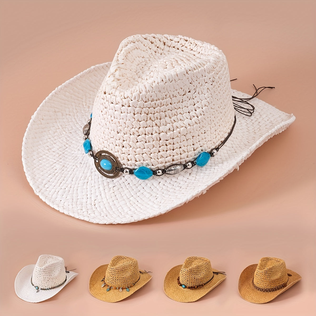 Boho Braid Rope Cowboy Hat Wide Brim Western Straw Jazz Hat