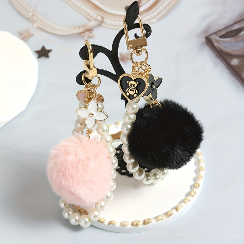 Wool Ball Pearl Bear Tag Bag Plush Keychain