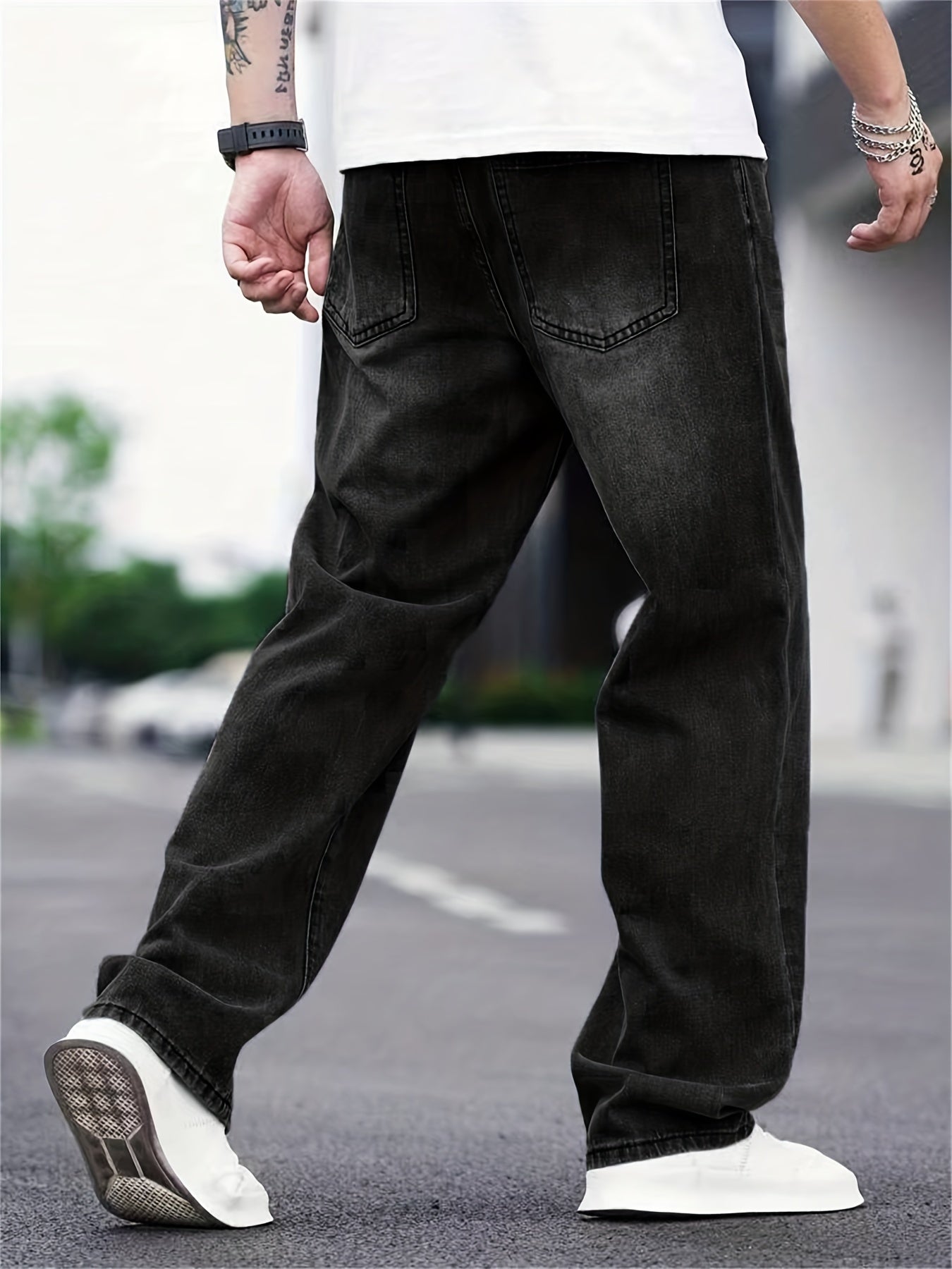 Men's Distressed Denim Pants Loose Fit Wide Leg Jeans