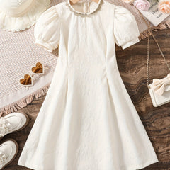 Girls' Jacquard Puff Sleeve Princess Dress Spring Summer Comfy Tunic
