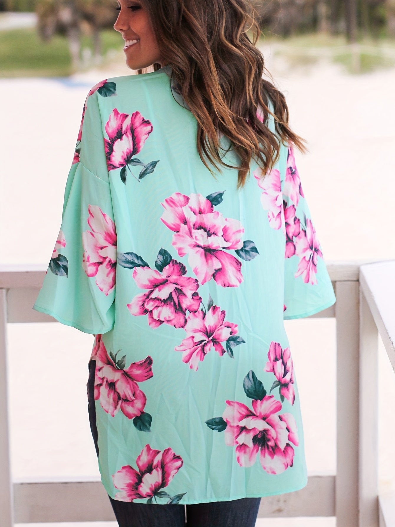 Floral Print V Neck Cover Up Shirts Long Sleeves Loose Fit