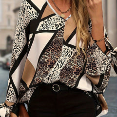 Women's Leopard Print Tie Long Sleeve V Neck Top