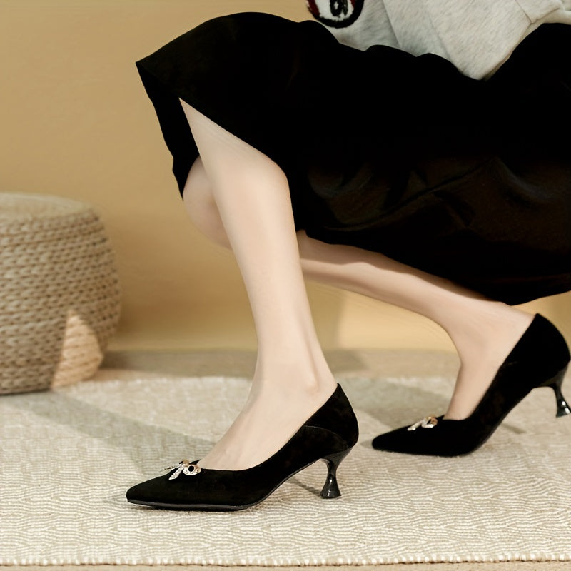 Women's Rhinestone Bow Kitten Heel Slip-On Shoes